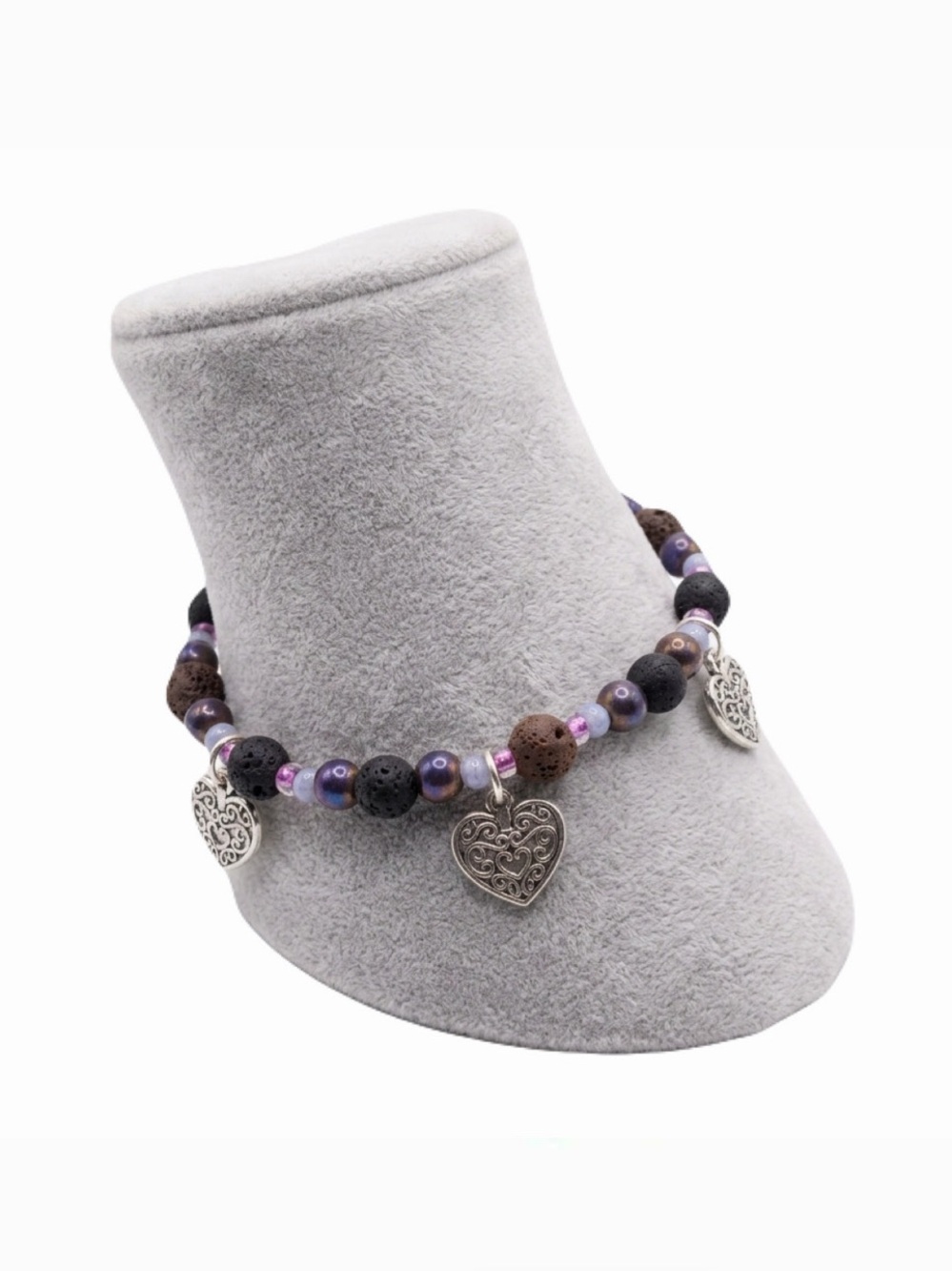 New Handmade Purple & Cyan Beaded Oil Defuser Sterling Silver Heart Bracelet